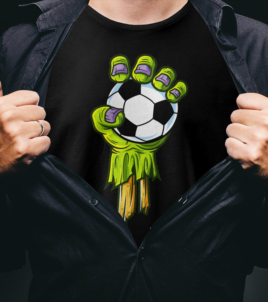 Zombie Hands Grabbing Soccer Ball Funny Horror Scary T-Shirt