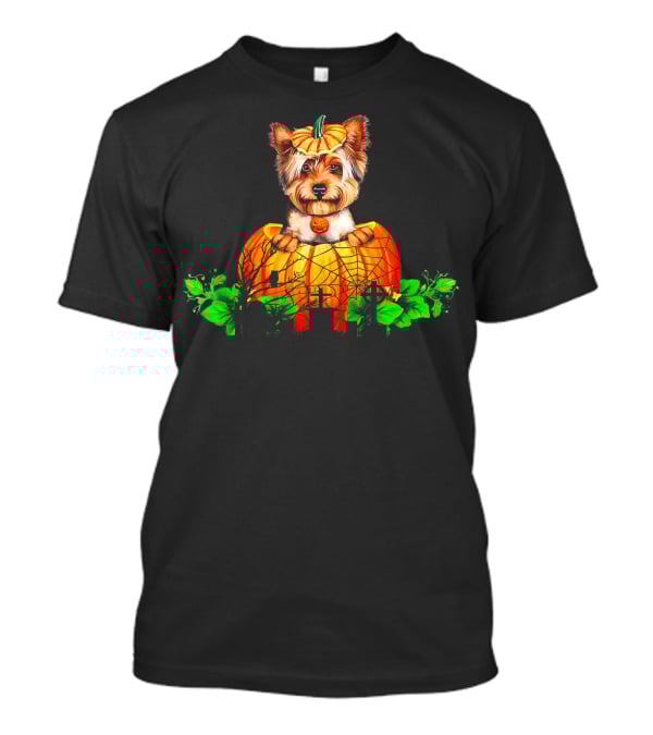 Yorkie Puppy With Pumpkin And Green Leaves Halloween T-Shirt