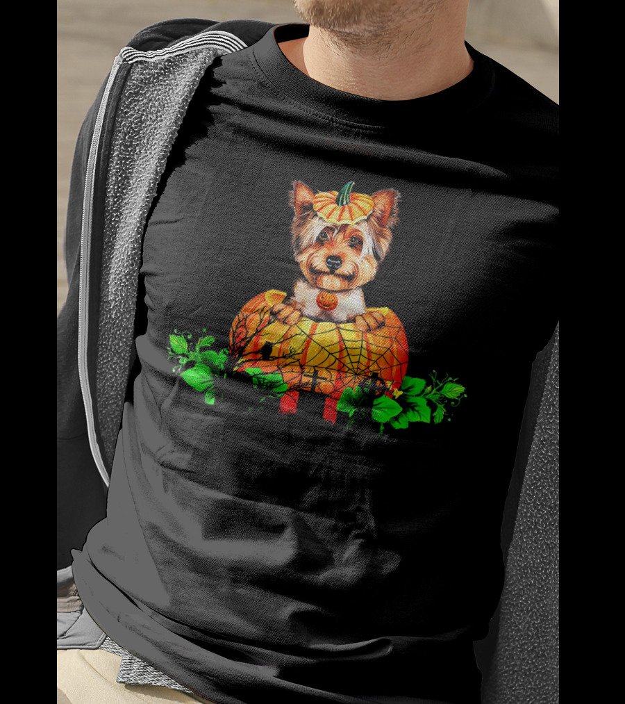 Yorkie Puppy With Pumpkin And Green Leaves Halloween T-Shirt