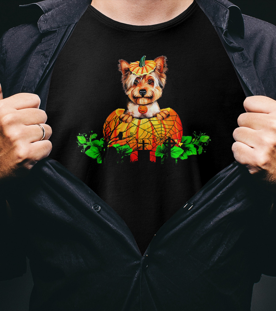 Yorkie Puppy With Pumpkin And Green Leaves Halloween T-Shirt