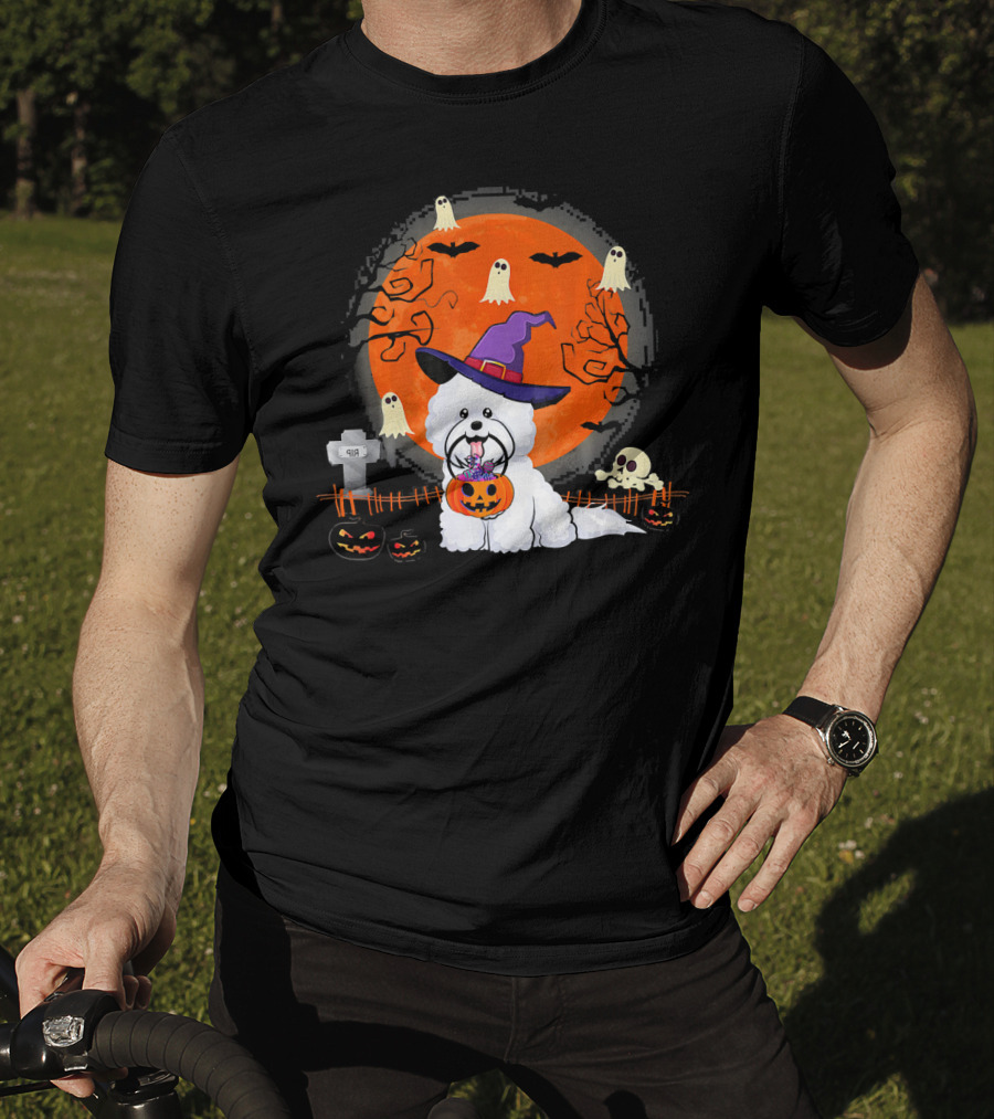 Bichon Frise Dog Witch Halloween Ghosts Jack-o'-Lantern T-Shirt