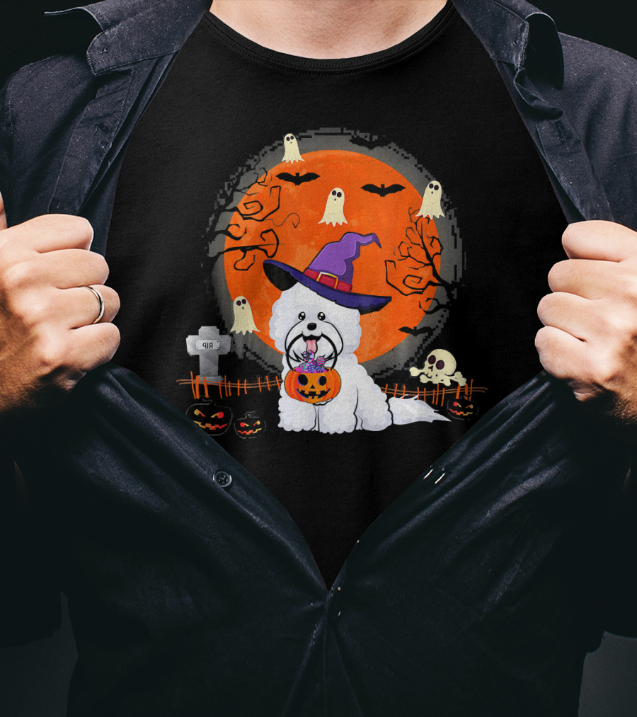Bichon Frise Dog Witch Halloween Ghosts Jack-o'-Lantern T-Shirt