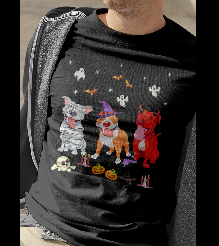 Three Pitbulls Halloween Ghosts Bats Pumpkins Candles Skulls Stars T-Shirt