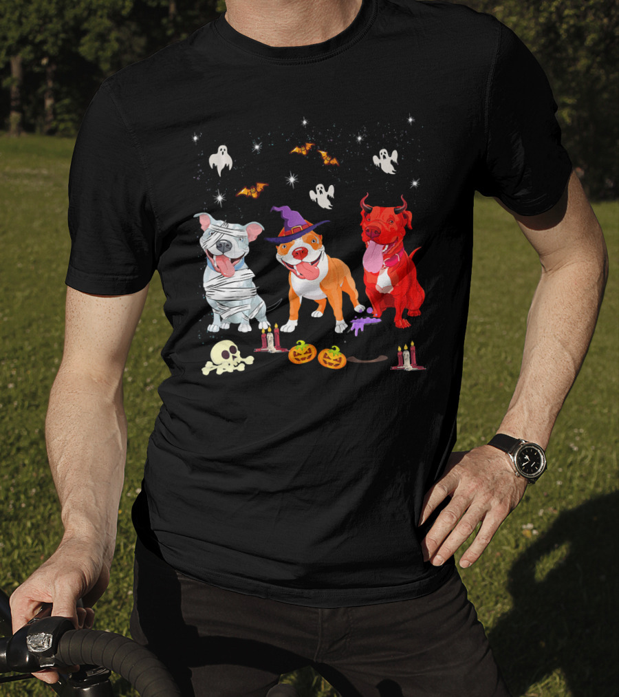 Three Pitbulls Halloween Ghosts Bats Pumpkins Candles Skulls Stars T-Shirt