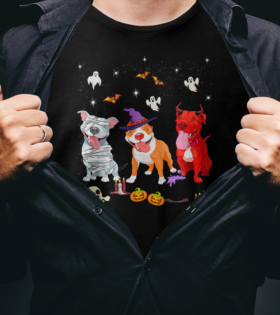 Three Pitbulls Halloween Ghosts Bats Pumpkins Candles Skulls Stars T-Shirt
