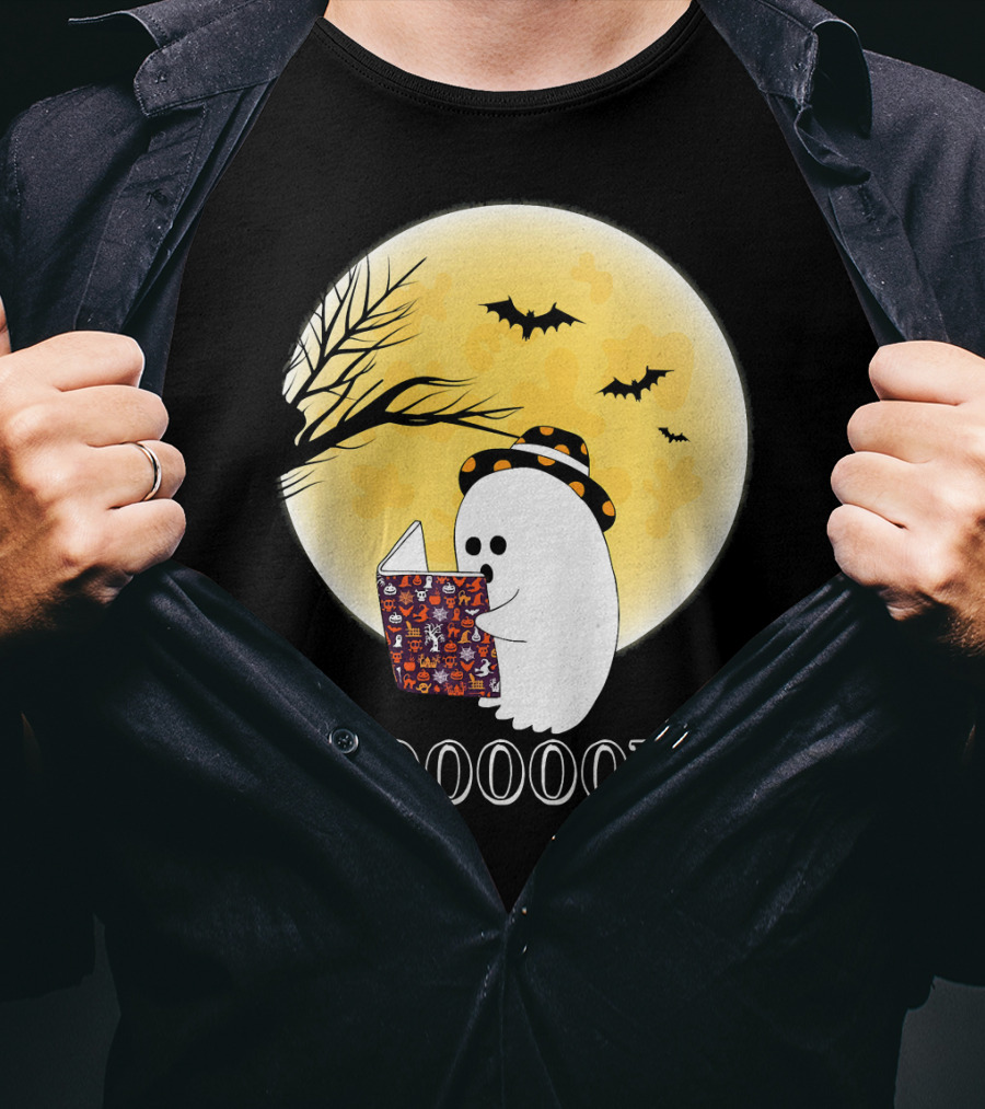 Booooooks Boo Ghost Reading Under The Full Moon Halloween T-Shirt