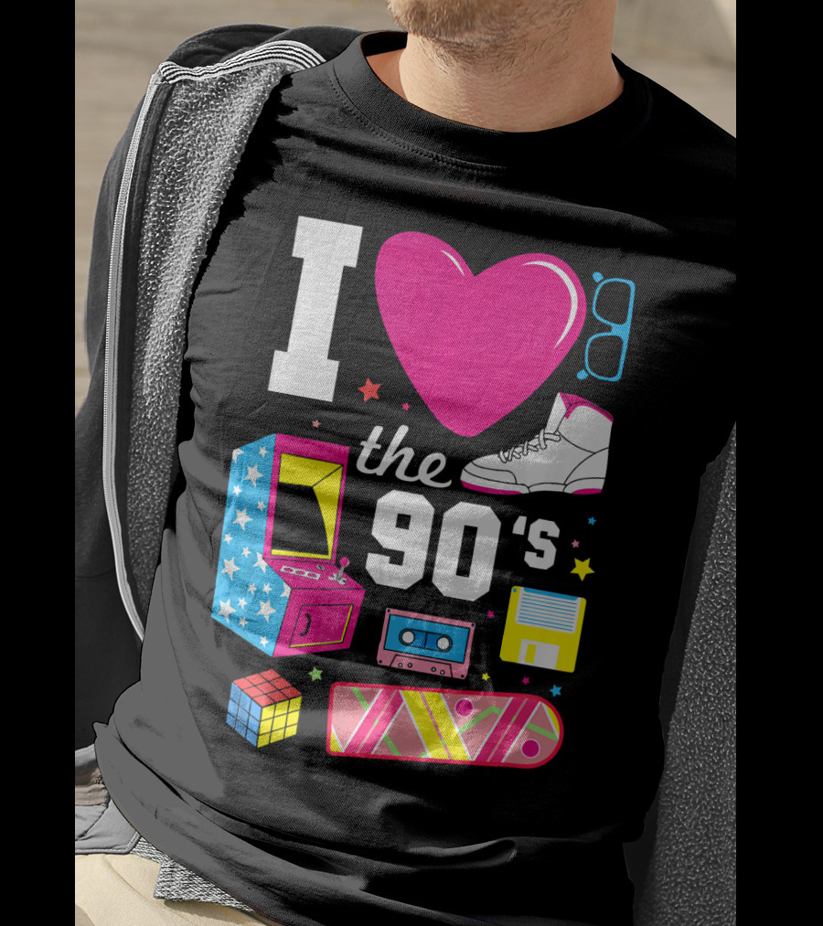 I Love The 90s Retro Arcade Cassette Sneaker Skateboard Rubik's Cube Floppy Disk T-Shirt