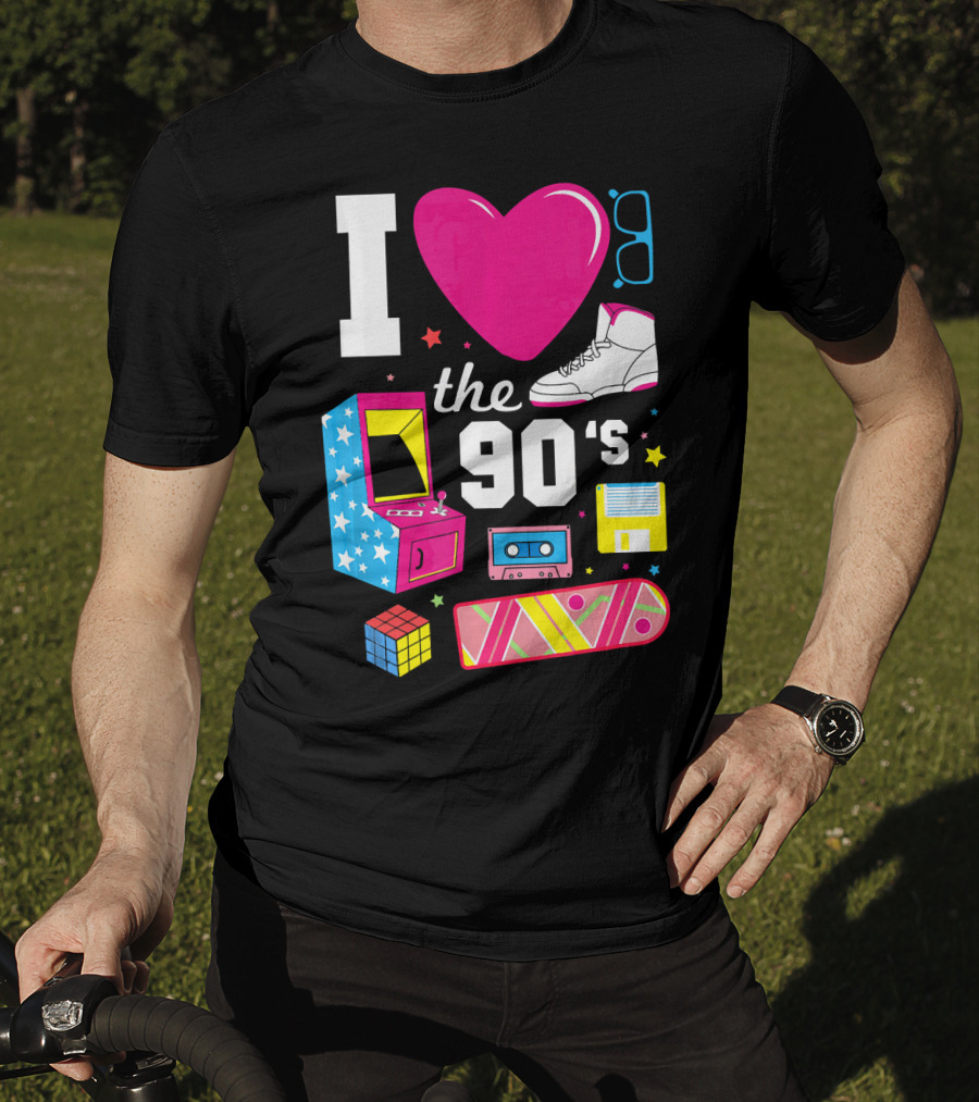 I Love The 90s Retro Arcade Cassette Sneaker Skateboard Rubik's Cube Floppy Disk T-Shirt