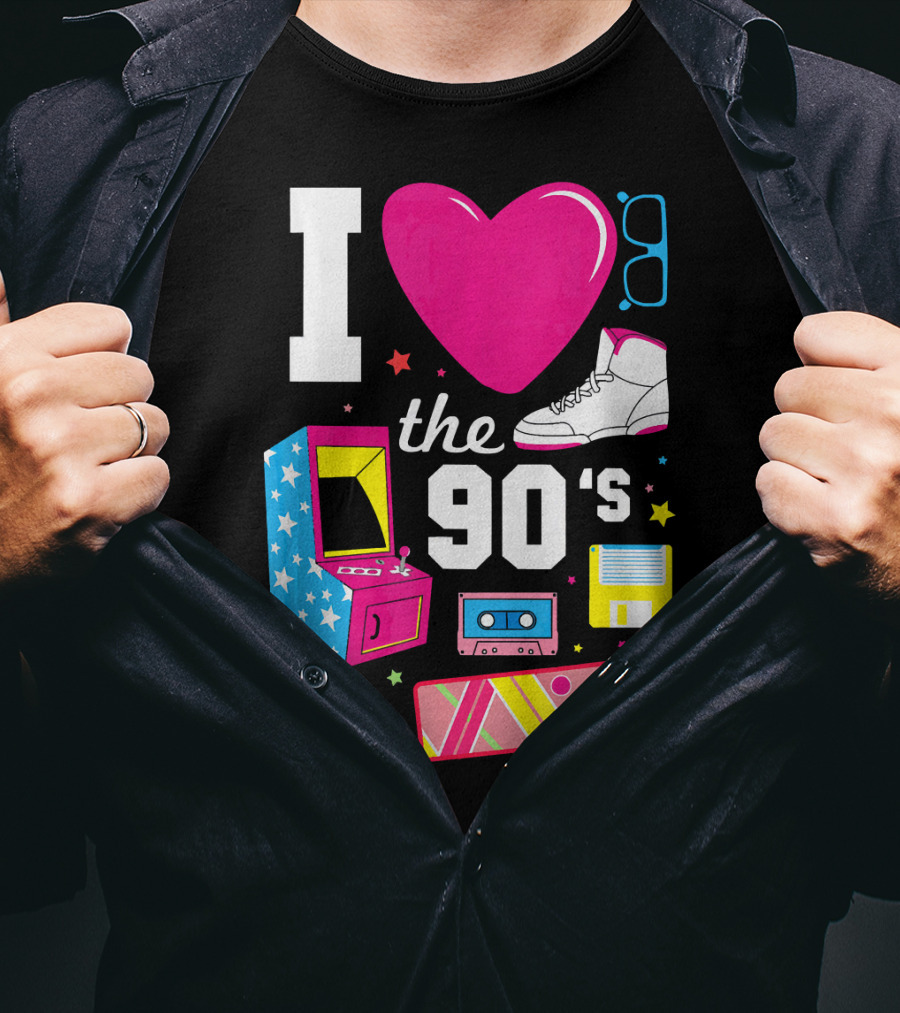 I Love The 90s Retro Arcade Cassette Sneaker Skateboard Rubik's Cube Floppy Disk T-Shirt