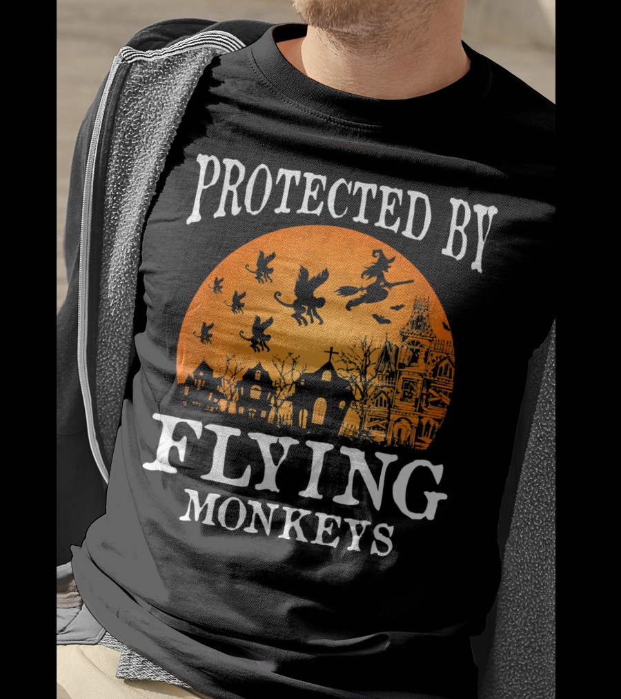 Protected By Flying Monkeys Halloween Witch Silhouette Orange Moon Mansion Scene T-Shirt