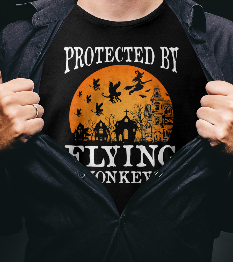 Protected By Flying Monkeys Halloween Witch Silhouette Orange Moon Mansion Scene T-Shirt