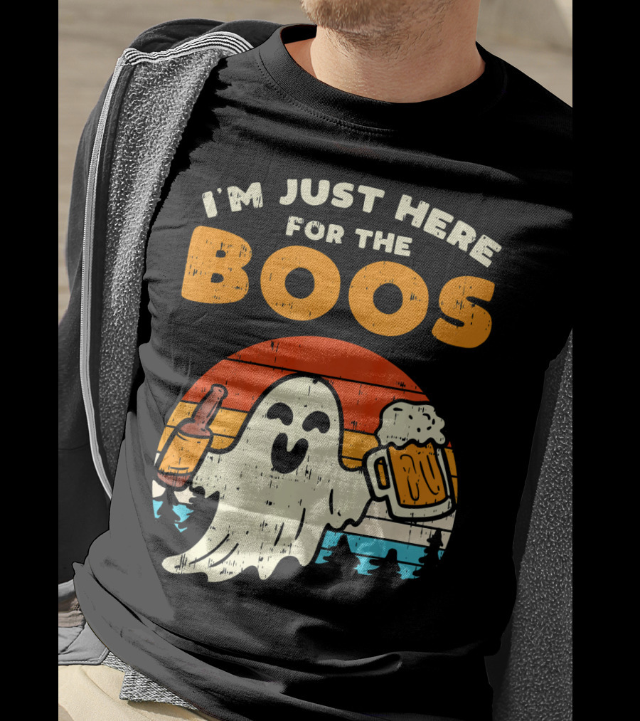 I'm Just Here For The Boos Retro Ghost With Drink And Bee T-Shirt