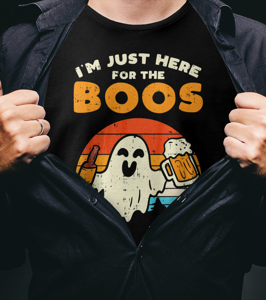 I'm Just Here For The Boos Retro Ghost With Drink And Bee T-Shirt