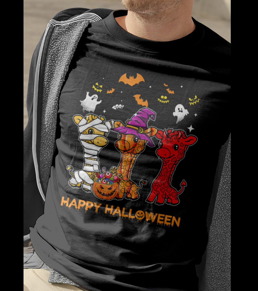 Giraffe Trio In Halloween Costumes With Ghosts And Pumpkin Candy Happy Halloween Cute Mum T-Shirt