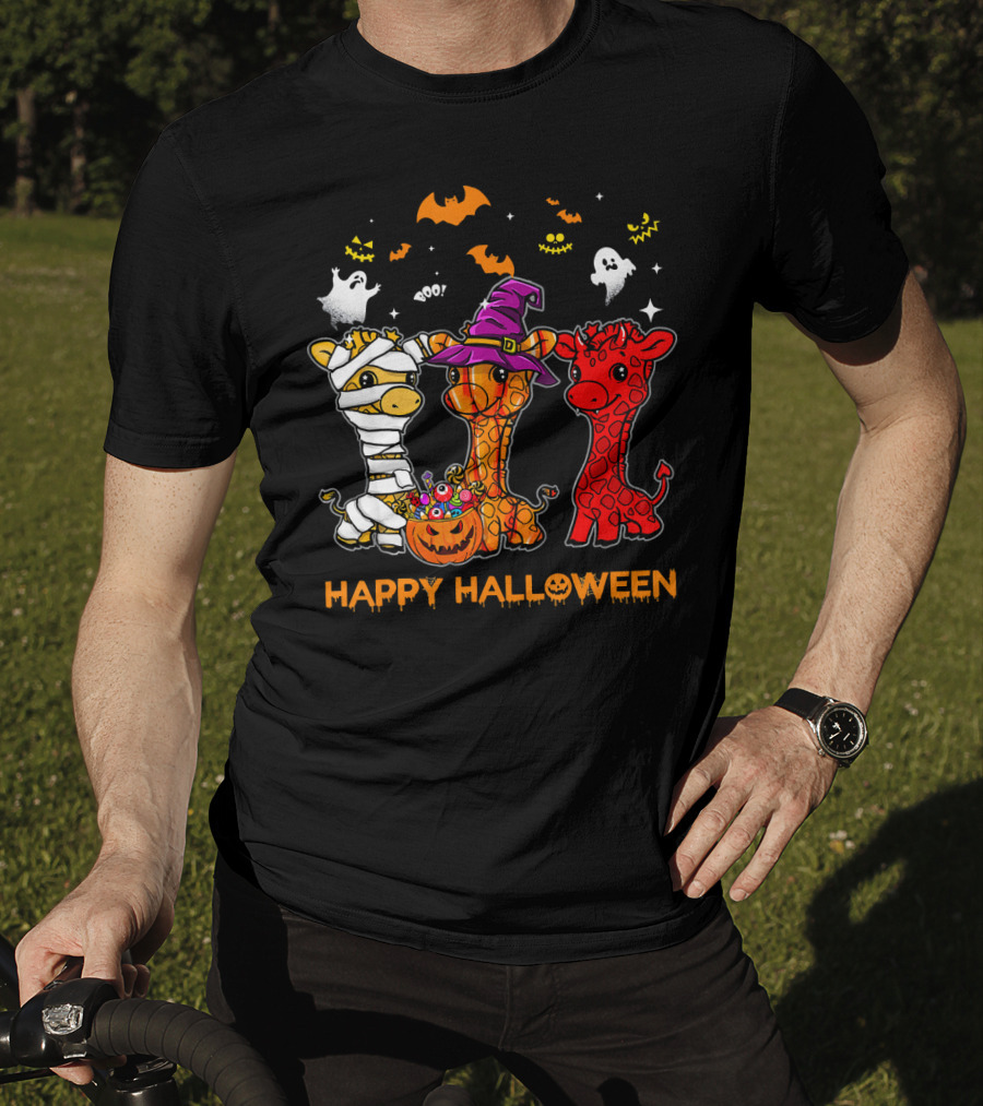 Giraffe Trio In Halloween Costumes With Ghosts And Pumpkin Candy Happy Halloween Cute Mum T-Shirt