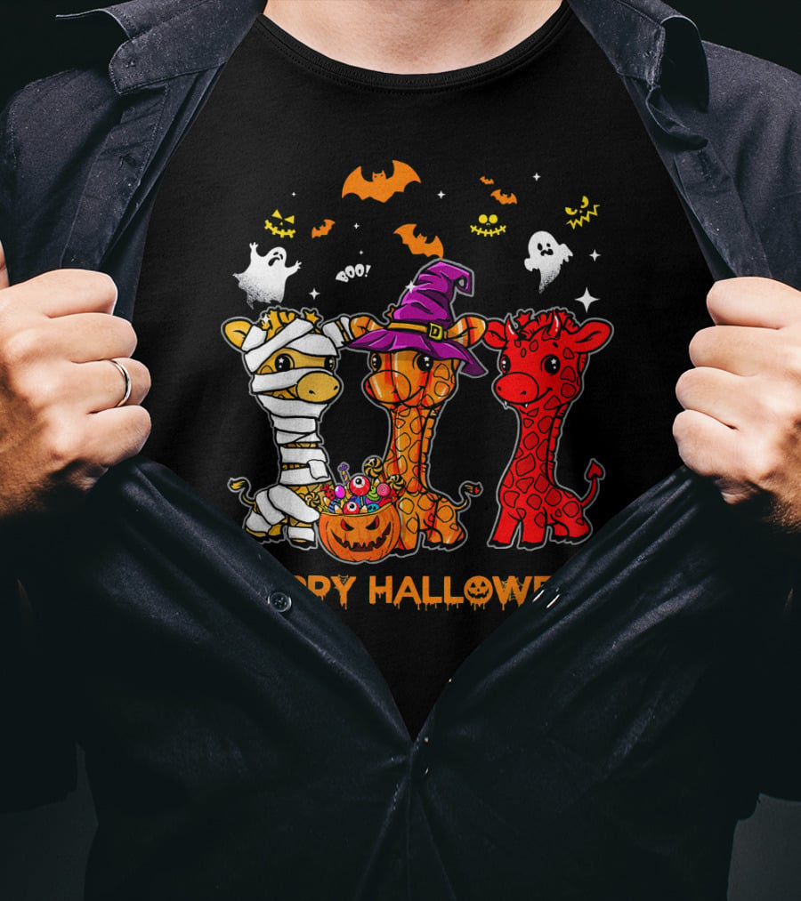 Giraffe Trio In Halloween Costumes With Ghosts And Pumpkin Candy Happy Halloween Cute Mum T-Shirt