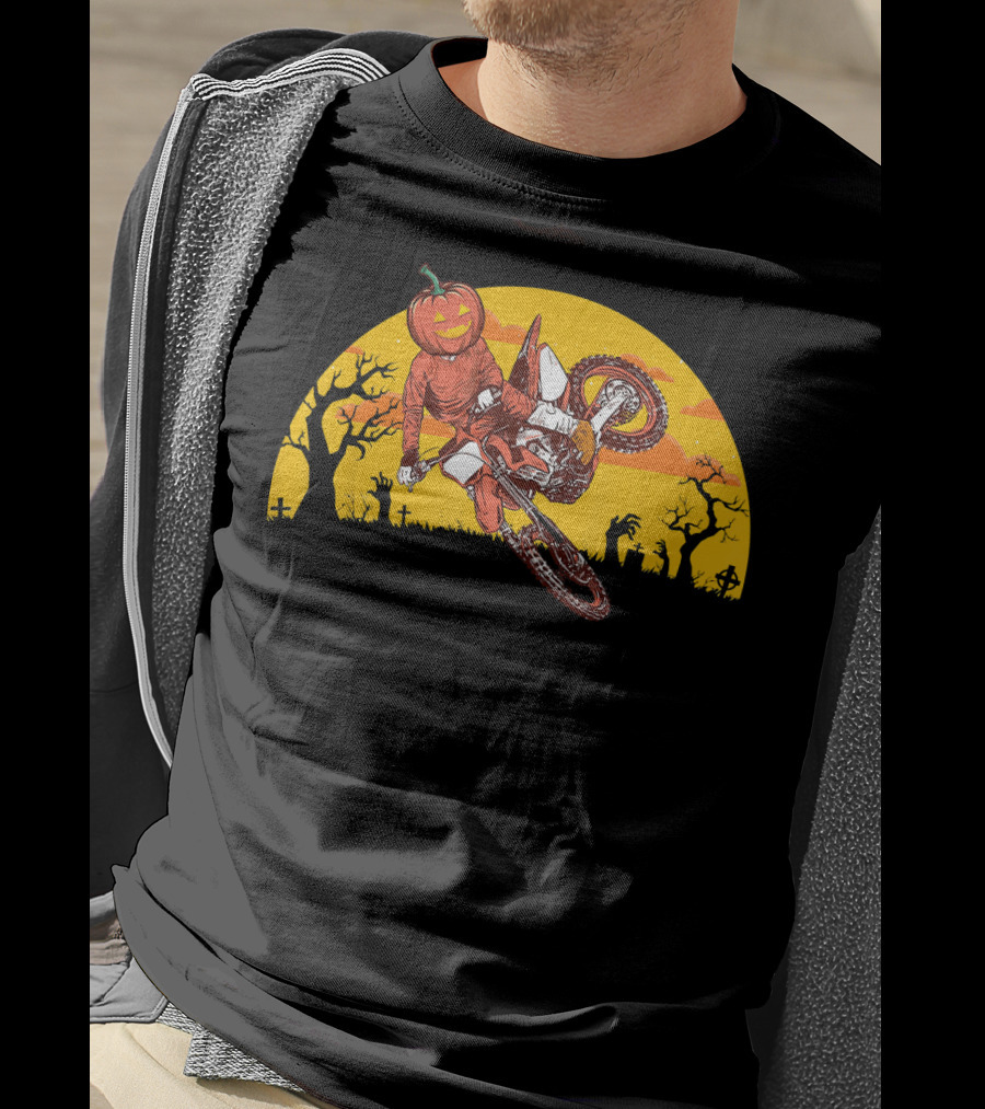 Halloween Pumpkin Head Motocross Trick With Haunted Trees And Sunset T-Shirt
