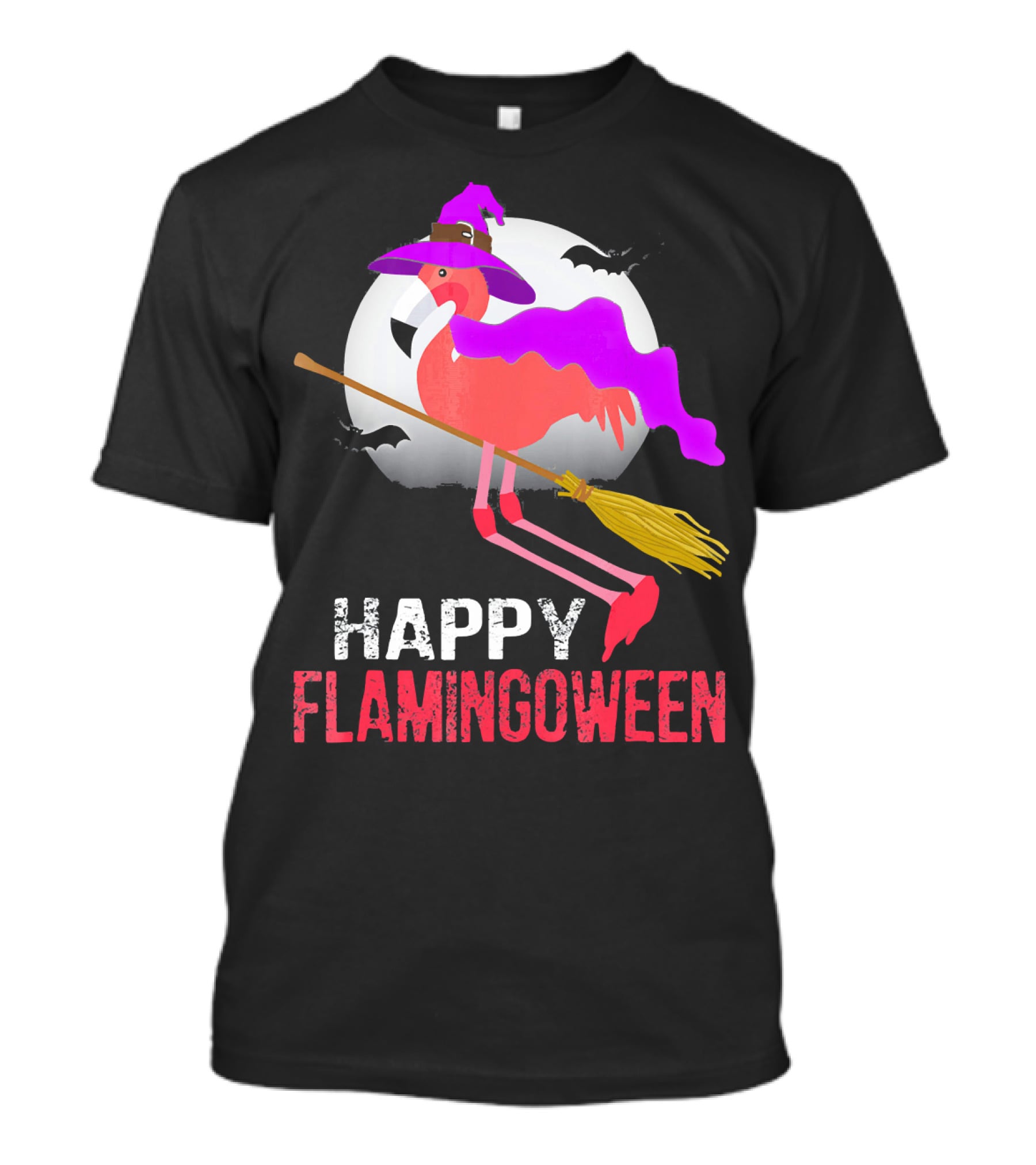 Happy Flamingoween Witch With Flamingo On Broomstick T-Shirt