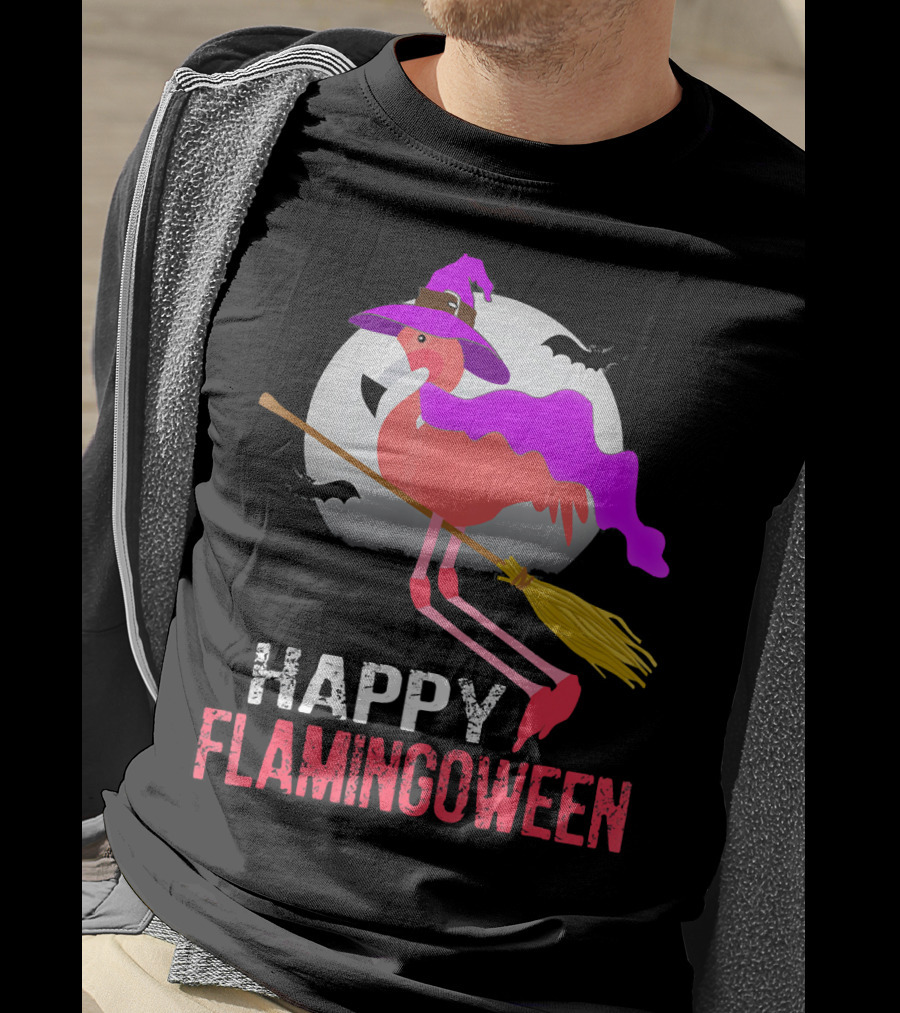 Happy Flamingoween Witch With Flamingo On Broomstick T-Shirt