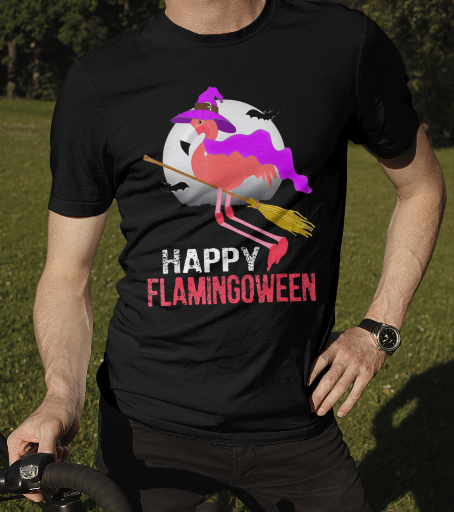 Happy Flamingoween Witch With Flamingo On Broomstick T-Shirt