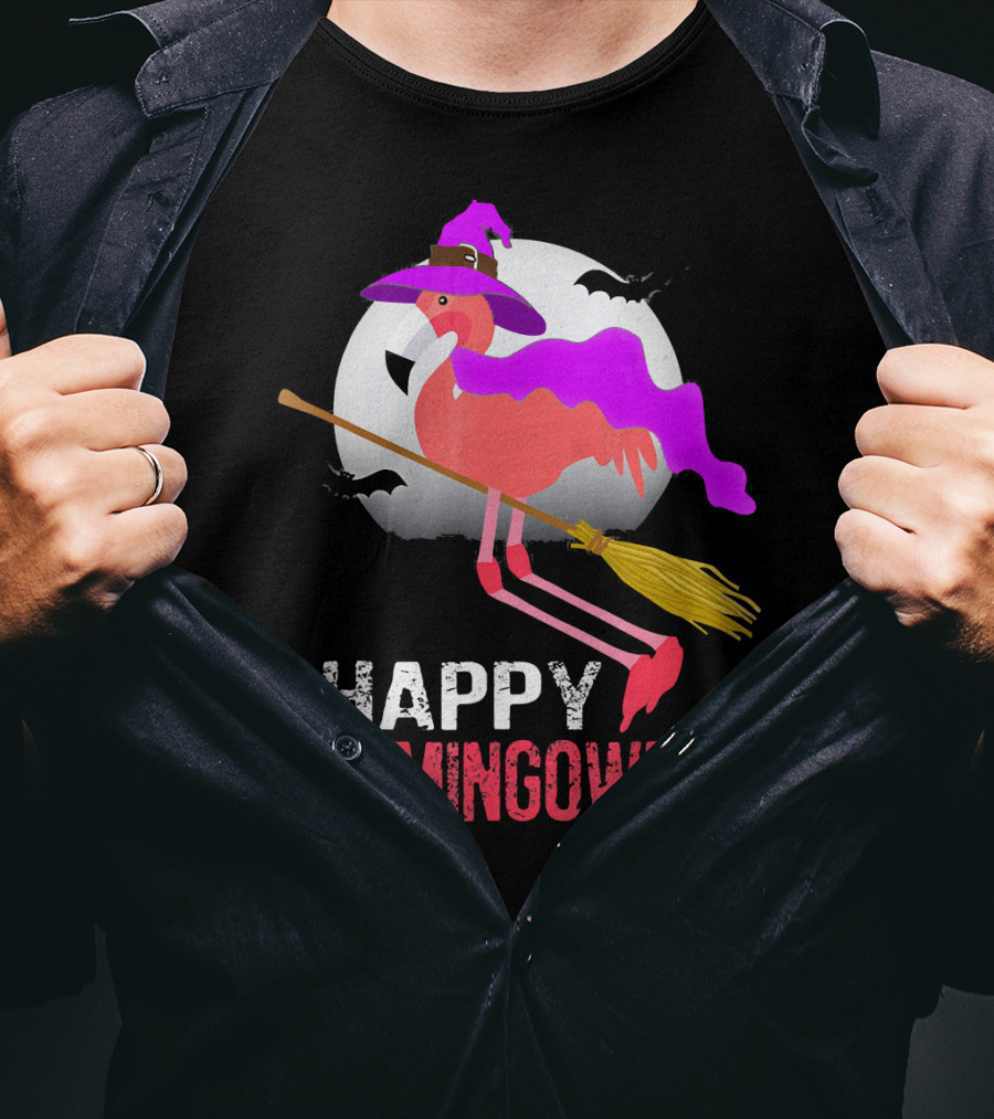 Happy Flamingoween Witch With Flamingo On Broomstick T-Shirt