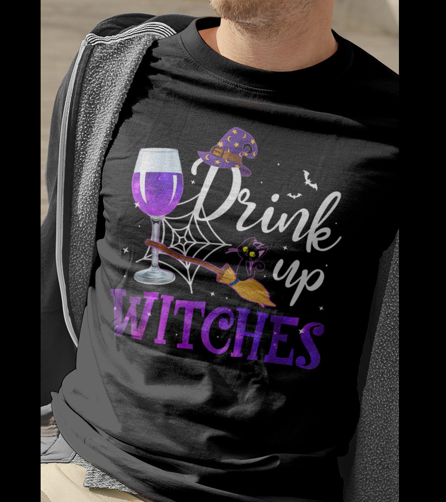 Drink Up Witches Wine Glass Purple Cat Broomstick Halloween Magic T-Shirt
