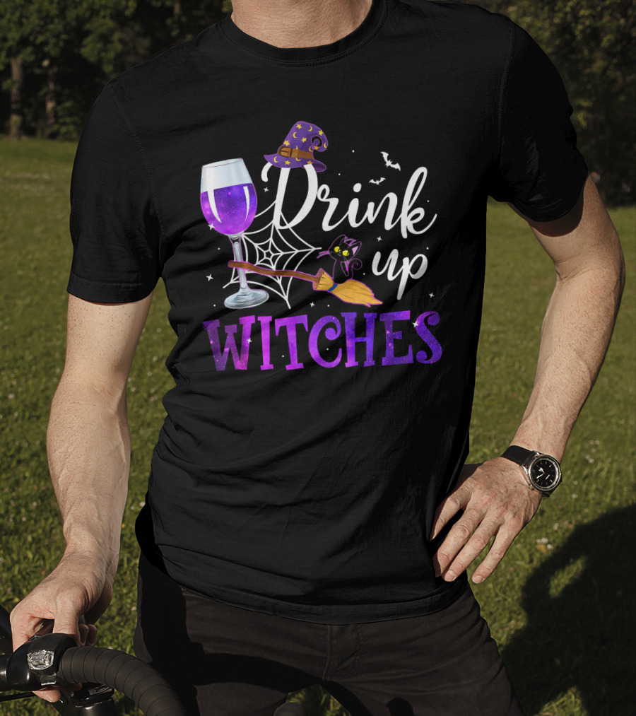 Drink Up Witches Wine Glass Purple Cat Broomstick Halloween Magic T-Shirt