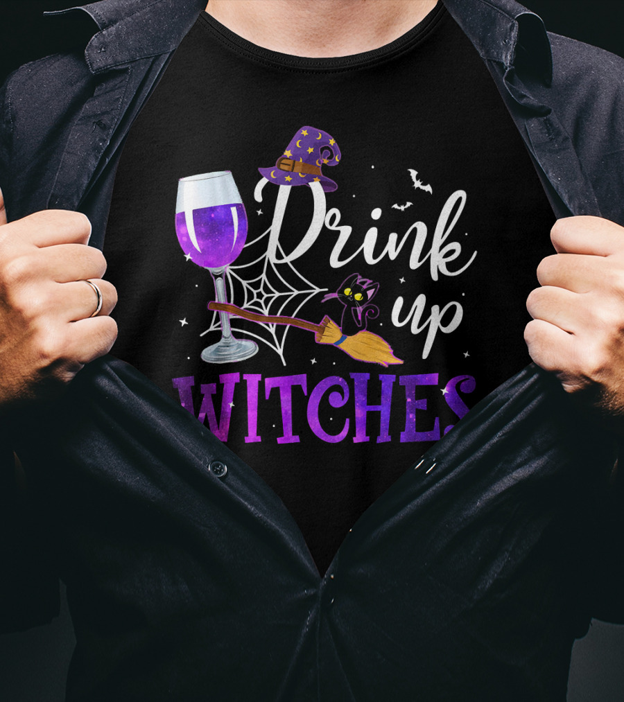 Drink Up Witches Wine Glass Purple Cat Broomstick Halloween Magic T-Shirt