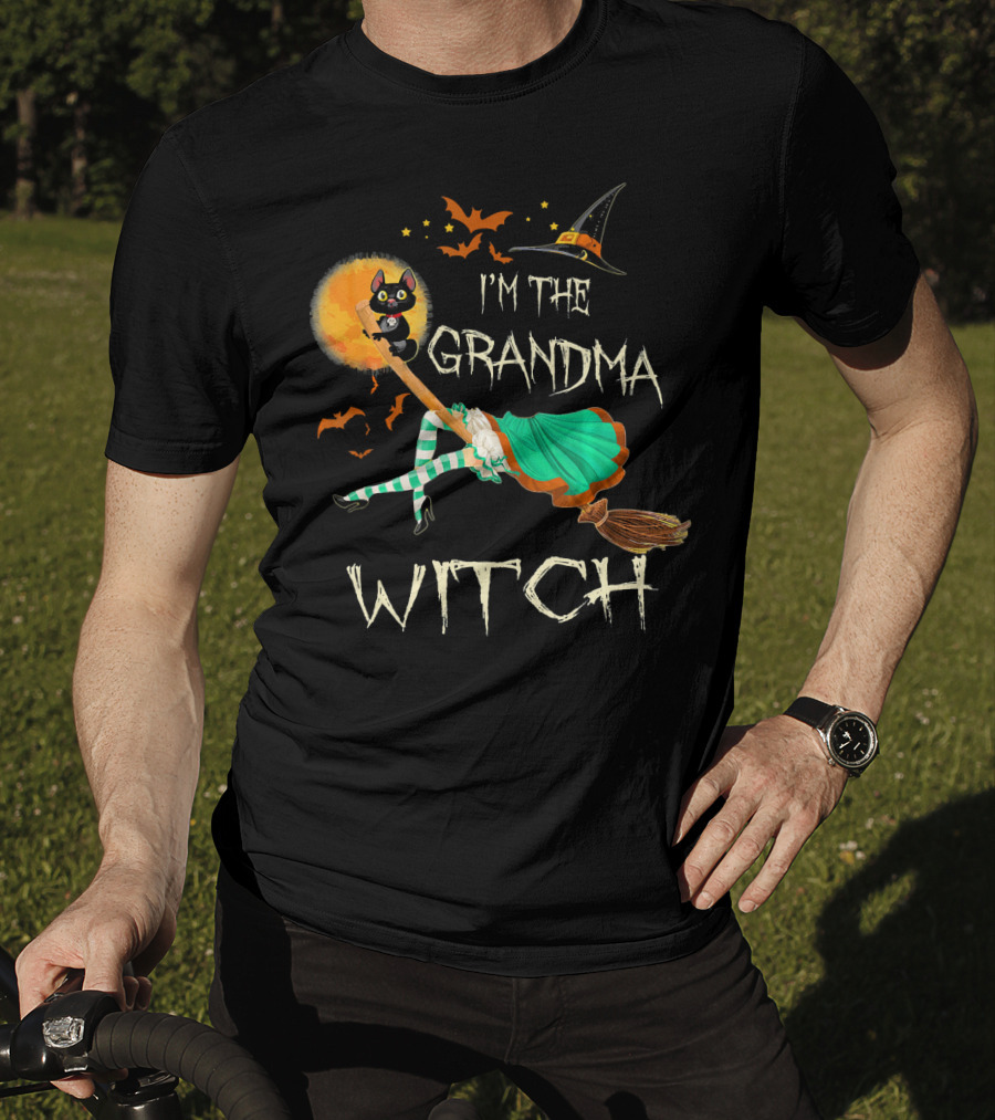 I'm The Grandma Witch Broomstick Flying Black Cat Halloween Bats T-Shirt