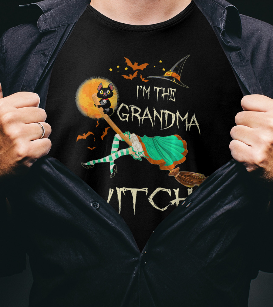 I'm The Grandma Witch Broomstick Flying Black Cat Halloween Bats T-Shirt
