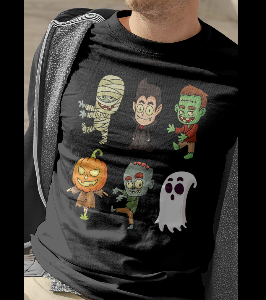 Funny Halloween Monsters Mummy Vampire Frankenstein Pumpkin Zombie Ghost T-Shirt