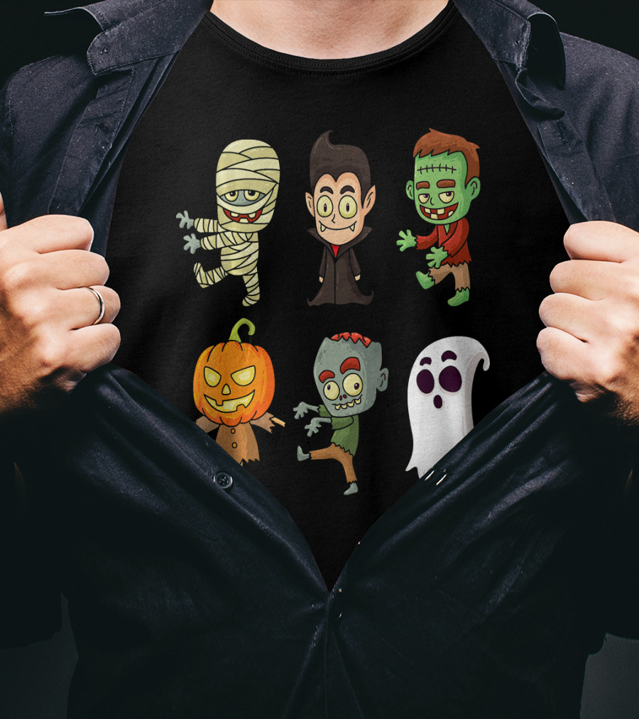 Funny Halloween Monsters Mummy Vampire Frankenstein Pumpkin Zombie Ghost T-Shirt