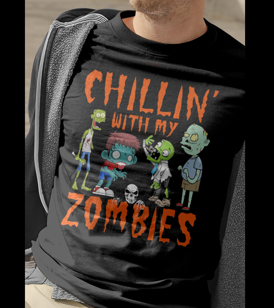 CHILLIN' WITH MY ZOMBIES Kids Halloween Fun T-Shirt