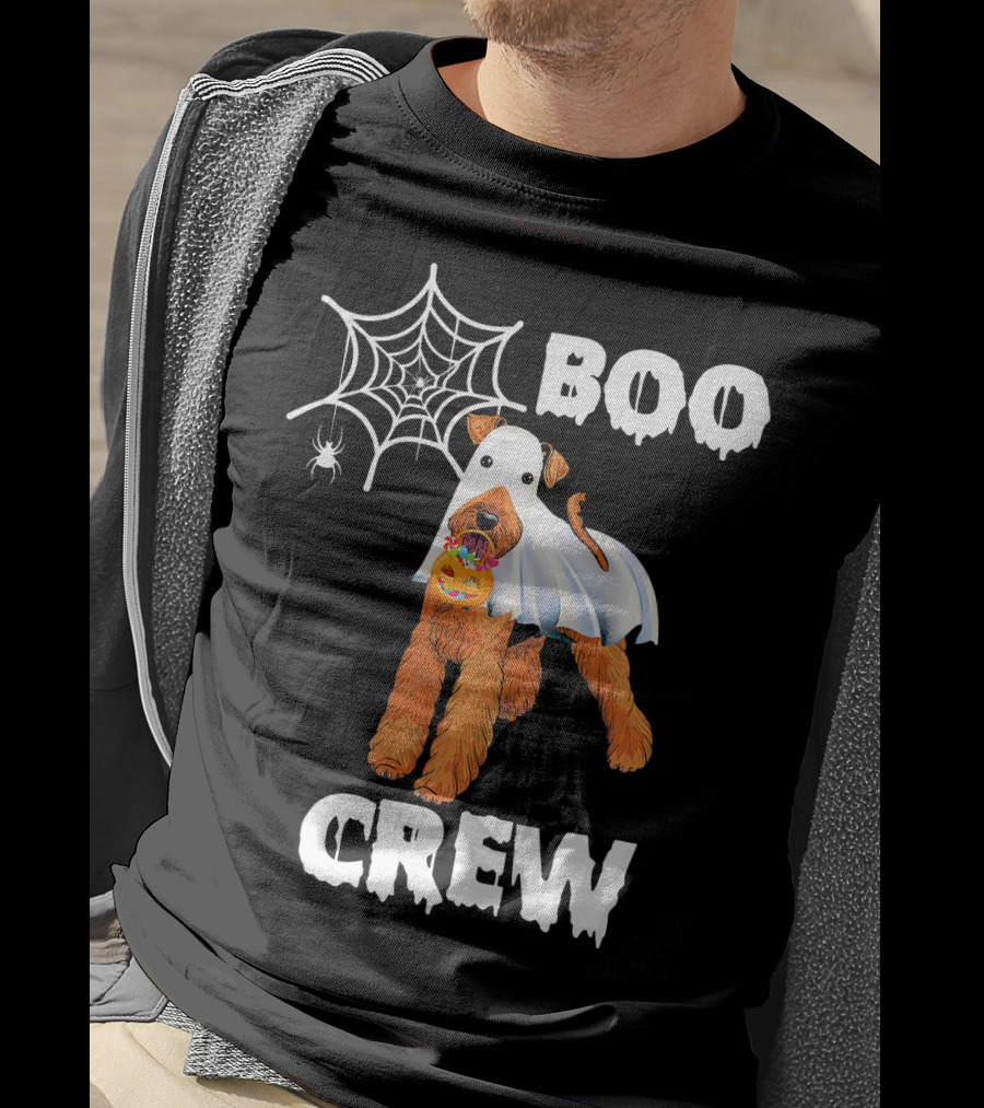 Airedale Terrier Boo Crew Halloween Ghost Costume With Spider Web And Pumpkin T-Shirt