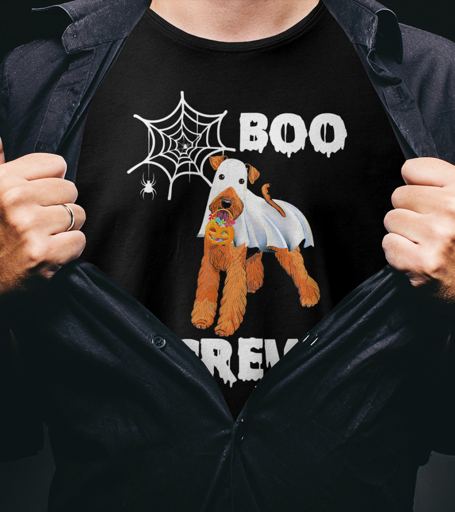 Airedale Terrier Boo Crew Halloween Ghost Costume With Spider Web And Pumpkin T-Shirt