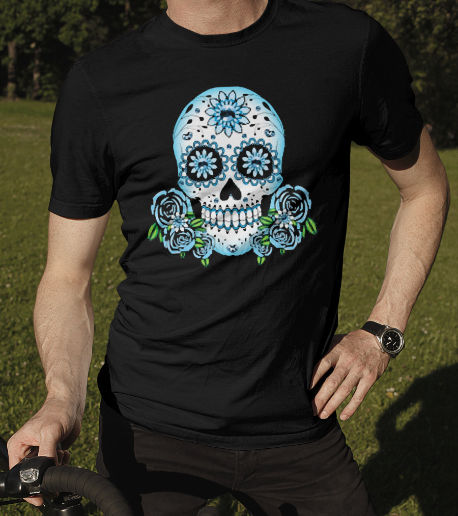 Blue Flowers Sugar Skull Día De Los Muertos Roses T-Shirt