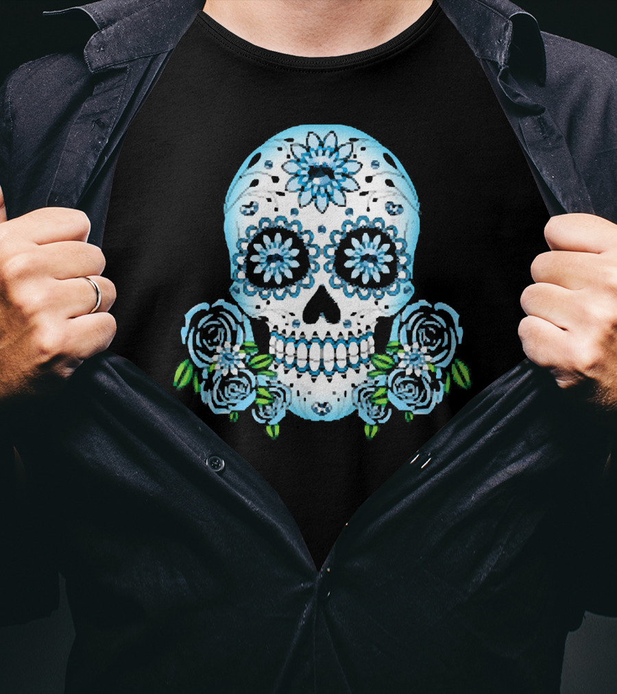 Blue Flowers Sugar Skull Día De Los Muertos Roses T-Shirt
