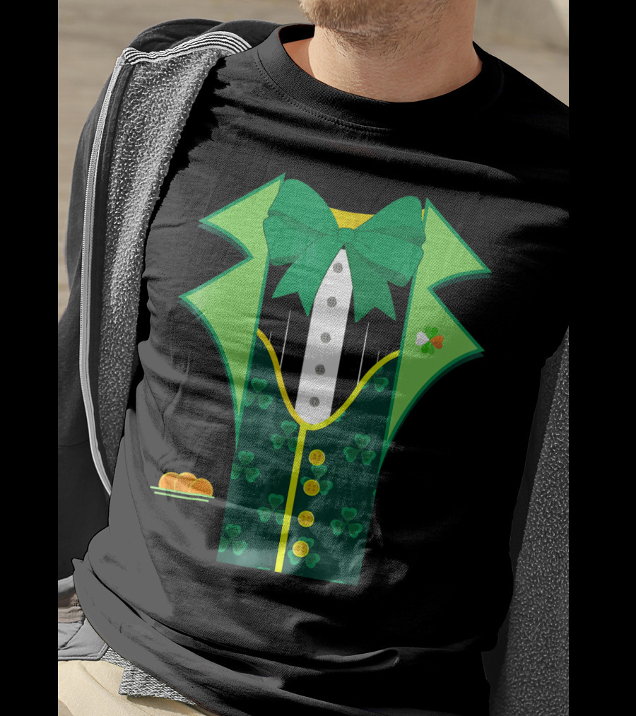 Leprechaun Costume One Sided Green Suit With Bow Tie And Shamrock Symbols T-Shirt