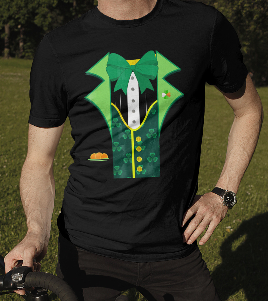 Leprechaun Costume One Sided Green Suit With Bow Tie And Shamrock Symbols T-Shirt