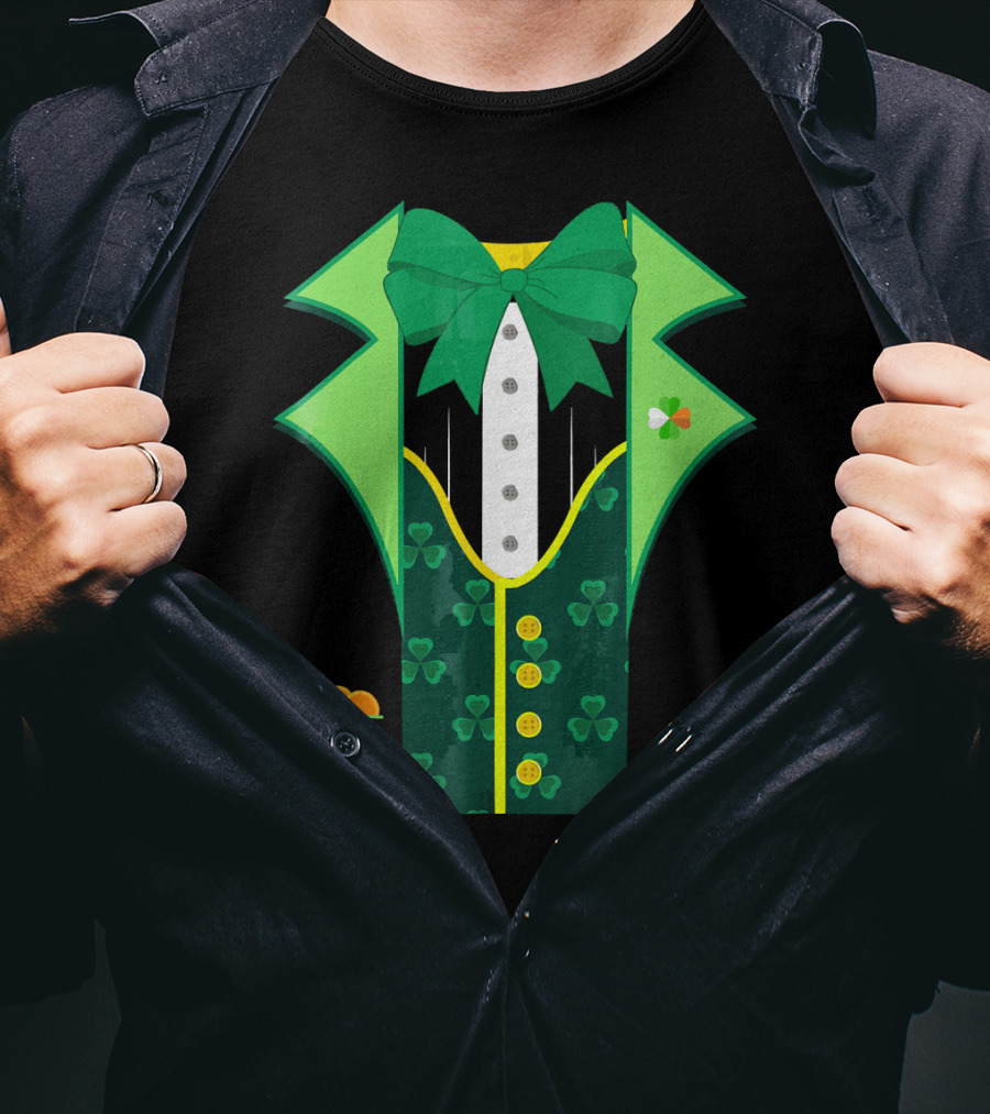 Leprechaun Costume One Sided Green Suit With Bow Tie And Shamrock Symbols T-Shirt