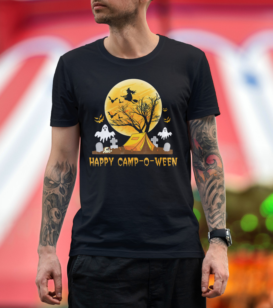 Happy Camp-O-Ween Witch Ghosts Halloween Camping Graveyard Moon T-Shirt