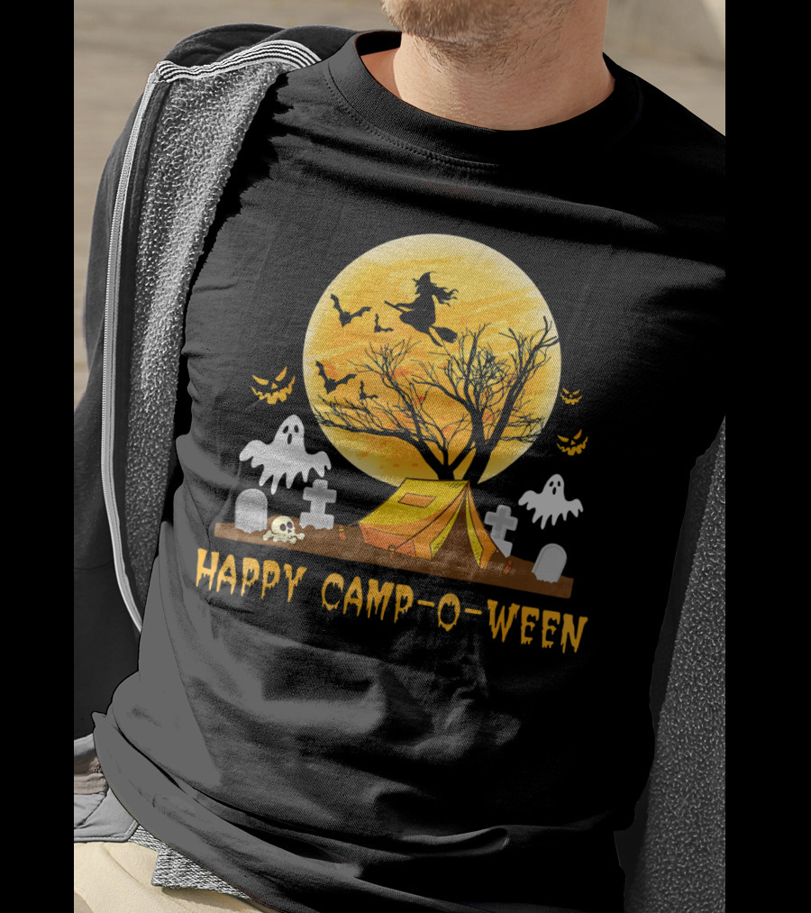 Happy Camp-O-Ween Witch Ghosts Halloween Camping Graveyard Moon T-Shirt