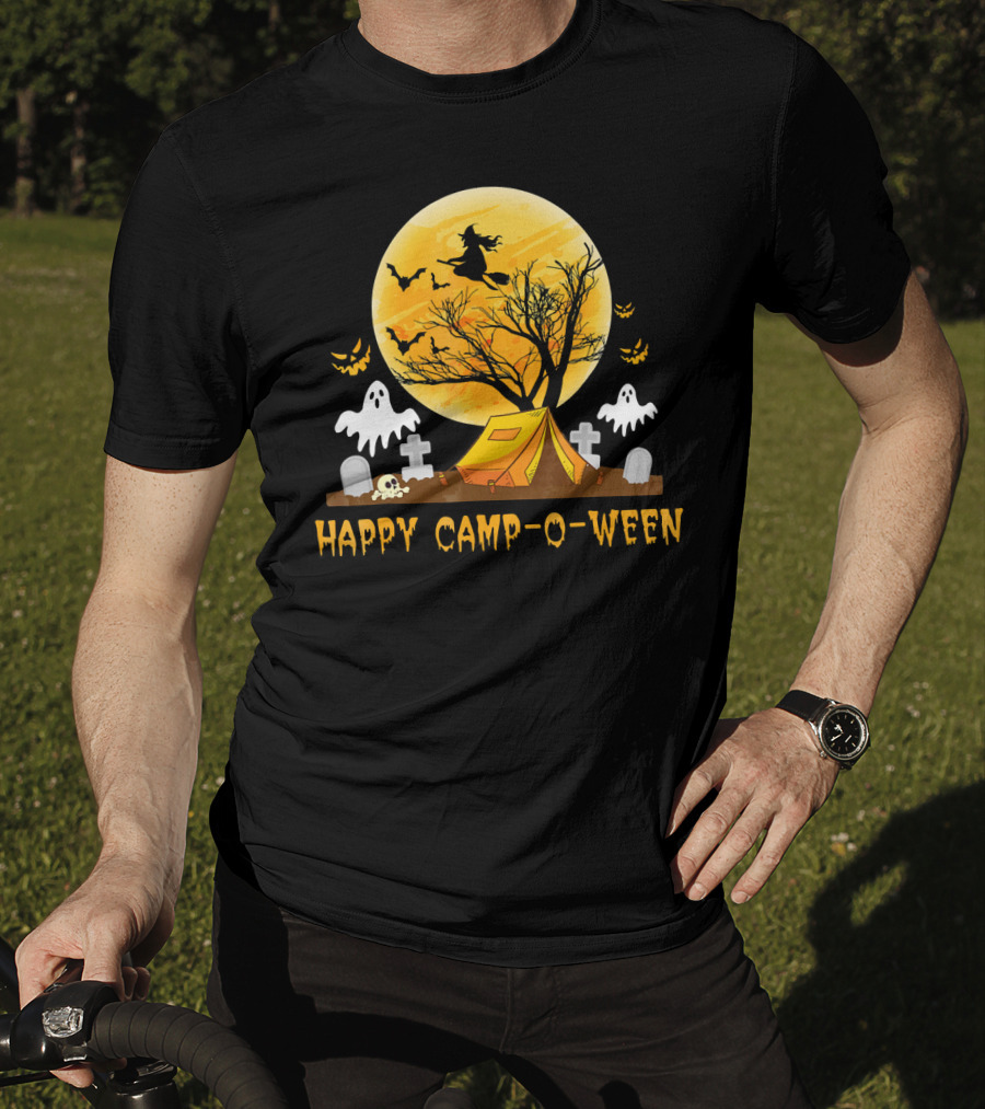 Happy Camp-O-Ween Witch Ghosts Halloween Camping Graveyard Moon T-Shirt