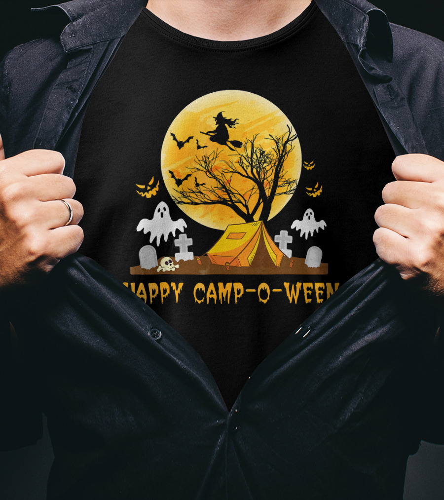 Happy Camp-O-Ween Witch Ghosts Halloween Camping Graveyard Moon T-Shirt