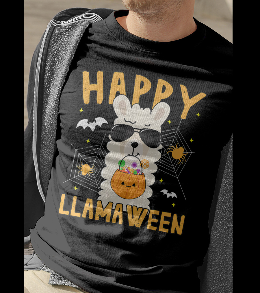 Happy Llamaween Halloween Llama With Sunglasses And Candy Basket T-Shirt