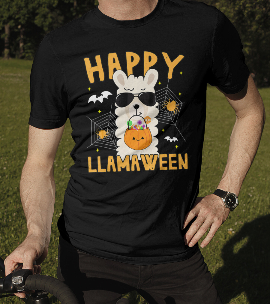 Happy Llamaween Halloween Llama With Sunglasses And Candy Basket T-Shirt