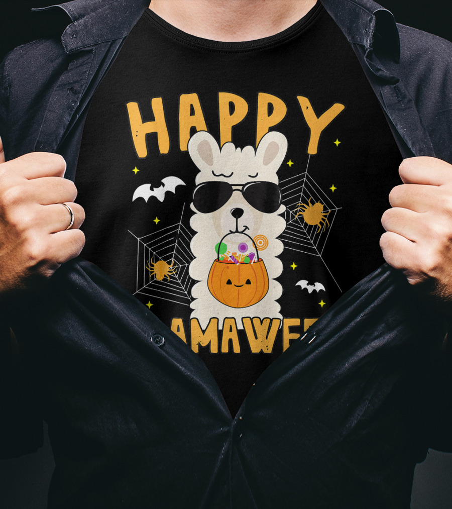 Happy Llamaween Halloween Llama With Sunglasses And Candy Basket T-Shirt