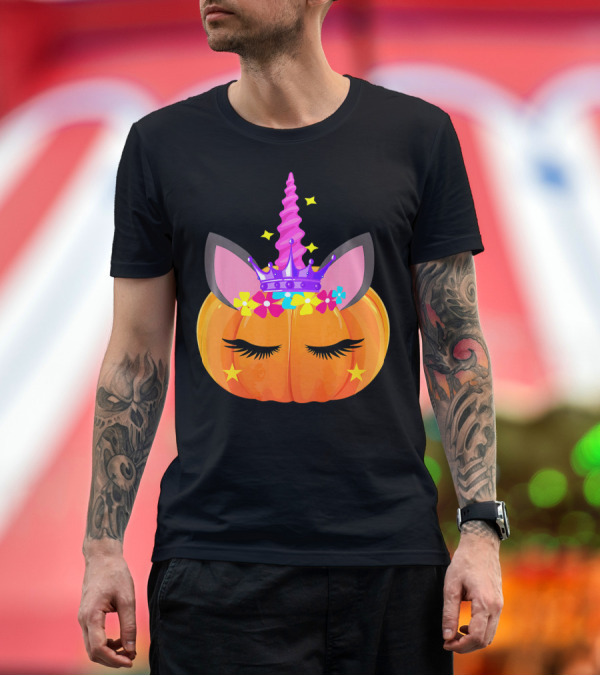 Premium T-Shirt: Halloween Pumpkin Unicorn with Floral Crown and Stars T-Shirt Halloween Pumpkin Unicorn with Floral Crown and Stars T-Shirt