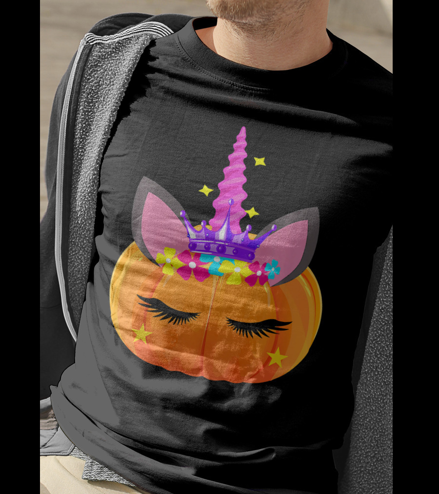 Halloween Pumpkin Unicorn With Floral Crown And Stars T-Shirt