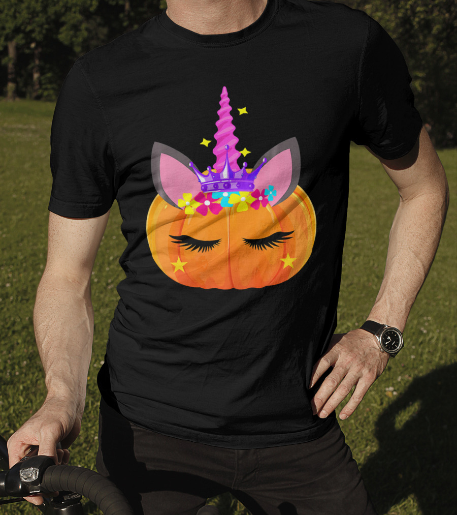 Halloween Pumpkin Unicorn With Floral Crown And Stars T-Shirt